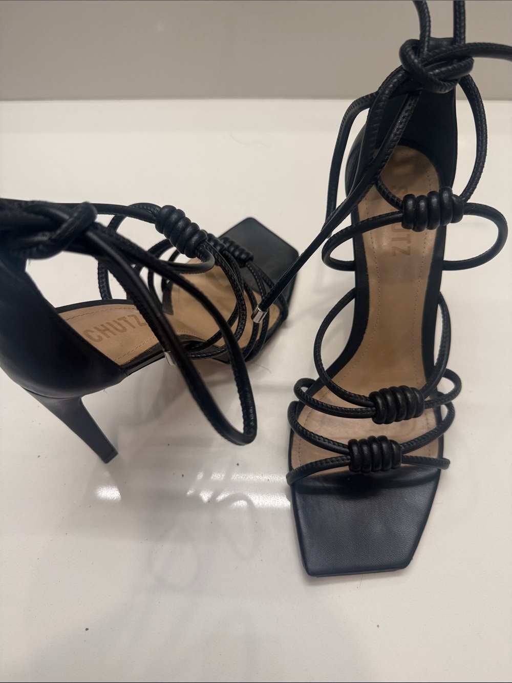 SCHUTZ Black Knotted Lace-Up Square-Toe Heeled Sandals